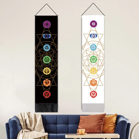 Tapiz Bohemio Chakra Fases de la Luna Colgante de Pared Con Borlas Geometría Sagrada Meditación Arte Poliéster Algodón Decoración de Pared