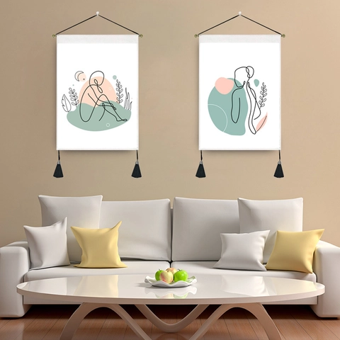 Nordic Minimalist Abstract Line Art Hanging Scroll Tapestry Fabric Wall Art With Tassels For Living Room Bedroom Home Decor