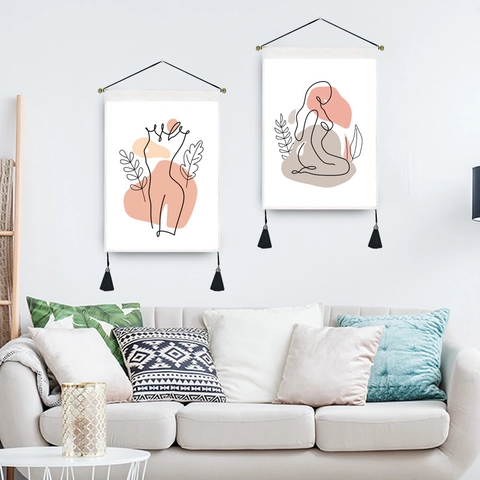 Nordic Minimalist Abstract Line Art Hanging Scroll Tapestry Fabric Wall Art With Tassels For Living Room Bedroom Home Decor