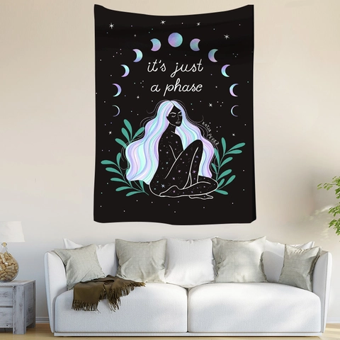 Tapiz de Pared de Poliéster Bohemio Diosa Mística Mandala Sol Luna Estrellas Arte Colgante para Dormitorio y Sala