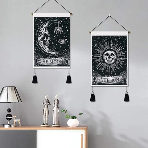 Tapiz de Tarot Esqueleto Luna Sol para Colgar en la Pared Gótico Bohemio Polialgodón Pintura Decorativa Con Borla Decoración