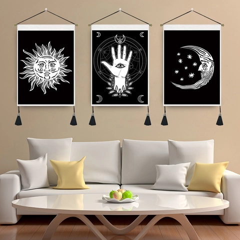 Bohemian Sonne Mond Hand Der Fatima Wandbehang Wandteppich Mit Holzstab Quasten Mystische Tarot Kunst Polyester Baumwolle Dekor