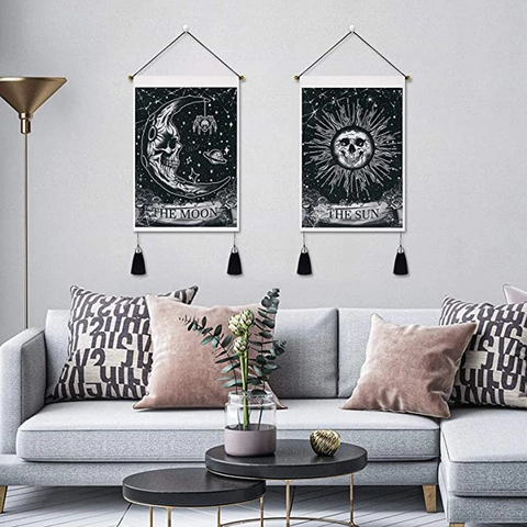 Tapiz de Tarot Esqueleto Luna Sol para Colgar en la Pared Gótico Bohemio Polialgodón Pintura Decorativa Con Borla Decoración