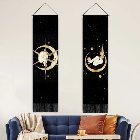 Verticale Wandtapijt Polyester Katoen Mystieke Maan Ster Godin Decor Met Houten Paal En Kwasten Boheems