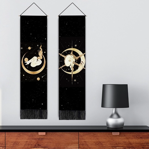 Verticale Wandtapijt Polyester Katoen Mystieke Maan Ster Godin Decor Met Houten Paal En Kwasten Boheems