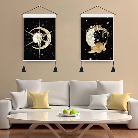 Celestial Moon Goddess Wall Tapestry Bohemian Starry Sky Hanging Decor With Tassels And Wood Rod Polyester Cotton