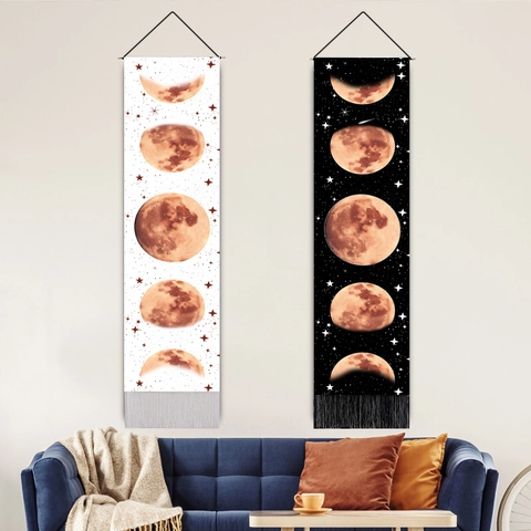 Mondphasen Wandteppich Polyester Baumwolle Lang Vertikal Mit Quasten Holzstab Für Wohnzimmer Schlafzimmer Deko Nordisch