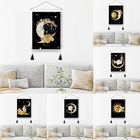 Celestial Moon Goddess Wall Tapestry Bohemian Starry Sky Hanging Decor With Tassels And Wood Rod Polyester Cotton