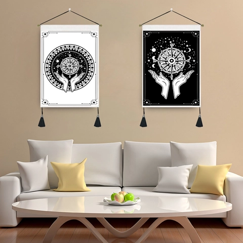 Mandala Wandteppich Böhmisch Himmlisch Mond Sterne Dekoration Mit Holzstange Und Quasten Polyester Baumwolle