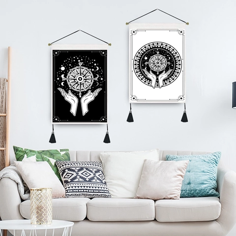 Mandala Wandteppich Böhmisch Himmlisch Mond Sterne Dekoration Mit Holzstange Und Quasten Polyester Baumwolle