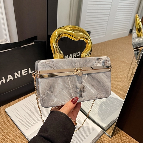 Borsa Box In Acrilico Con Motivo Marmorizzato Manico In Metallo Dorato E Catena Rimovibile Pochette Da Sera Per Donna