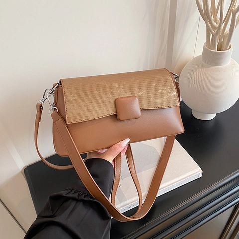 Borsa Tracolla Donna Pelle PU Texture Splicing Patta Quadrata Borsa Spalla Retro Versatile Tracolla Regolabile Viaggio