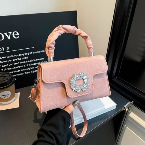Women Crossbody Handbag Rhinestone Buckle Ruched Handle Suede PU Elegant Evening Square Bag