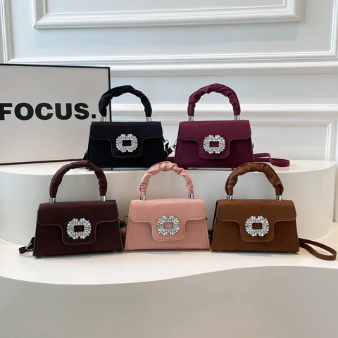 Women Crossbody Handbag Rhinestone Buckle Ruched Handle Suede PU Elegant Evening Square Bag
