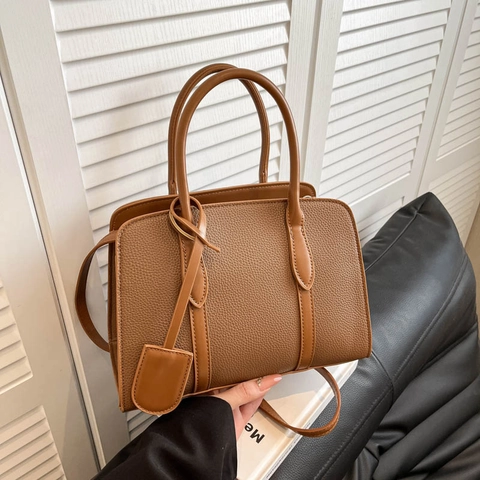 Women Lychee Texture PU Leather Crossbody Bag Vintage Solid Color Tote Handbag With Detachable Strap For Daily Commute