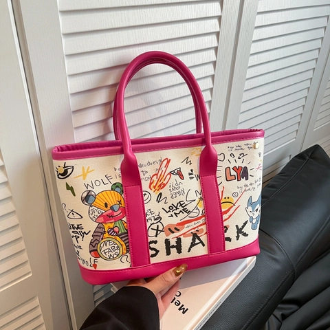 Dames Graffiti Beer Print Tote Bag Grote Capaciteit Canvas PU Stikken Handtas Mode Streetwear Casual Shopper Handtas