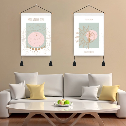 Tarot Celestial Sun Moon Phases Wall Tapestry Fabric Hanging Scroll With Wooden Pole Tassels Spiritual Decor