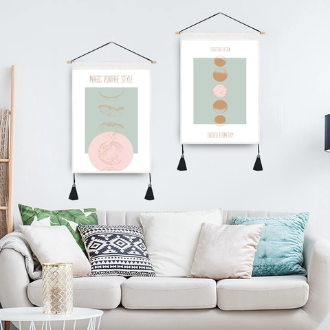 Tarot Celestial Sun Moon Phases Wall Tapestry Fabric Hanging Scroll With Wooden Pole Tassels Spiritual Decor