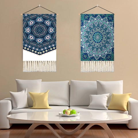 Bohemian Mandala Tapestry Wall Hanging With Tassels Nordic Style Home Decor Polyester Cotton Wall Art Fabric Poster With Wood Stick