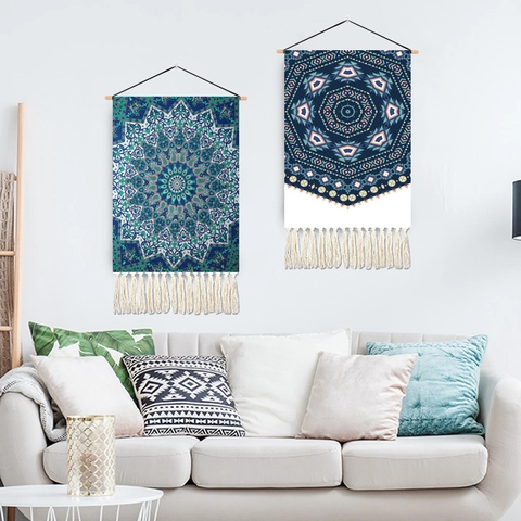 Bohemian Mandala Tapestry Wall Hanging With Tassels Nordic Style Home Decor Polyester Cotton Wall Art Fabric Poster With Wood Stick