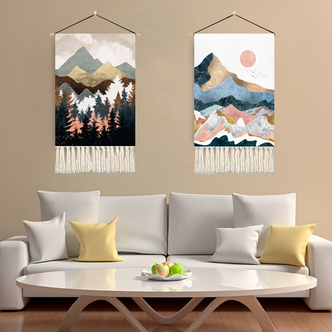 Modern Abstract Mountain Forest Wall Tapestry Hanging Fabric Art With Wood Pole And Tassels Nordic Landscape Home Decor