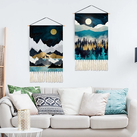 Modern Abstract Mountain Forest Wall Tapestry Hanging Fabric Art With Wood Pole And Tassels Nordic Landscape Home Decor