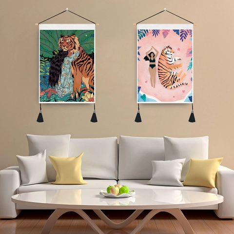 Illustrative Tiger And Woman Hanging Scroll Tapestry With Wooden Rod Tassel Decorative Wall Art For Home Living Room Bedroom