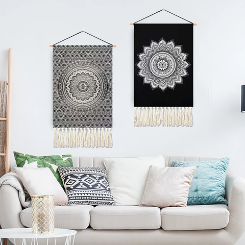 Bohemian Mandala Tassel Wall Hanging Tapestry Nordic Fabric Decorative Art Hanging Painting With Wooden Pole For Home Decor