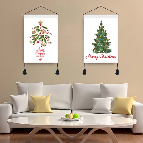 Christmas Wall Hanging Tapestry Cotton Blend Canvas Scroll Painting With Wooden Pole And Tassels Festive Wall Art For Home Party Decor