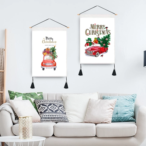 Christmas Wall Hanging Tapestry Cotton Blend Canvas Scroll Painting With Wooden Pole And Tassels Festive Wall Art For Home Party Decor