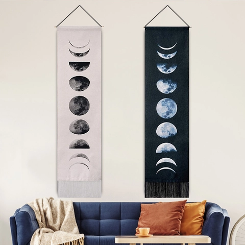 Noordelijke Wandtapijt Maanfasen Polyester Katoen Kunst Met Kwastjes En Stok Voor Woonkamer Slaapkamer Decoratie