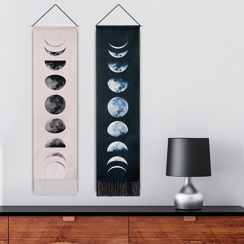 Noordelijke Wandtapijt Maanfasen Polyester Katoen Kunst Met Kwastjes En Stok Voor Woonkamer Slaapkamer Decoratie