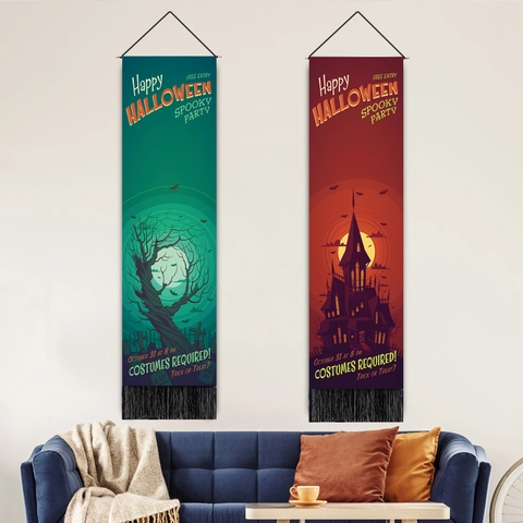 Halloween Banner Zum Aufhängen Gruselige Party Deko Polyester Baumwolle Wandteppich Mit Holzstab Und Quasten Burg Fledermaus