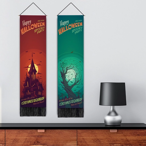 Halloween Banner Zum Aufhängen Gruselige Party Deko Polyester Baumwolle Wandteppich Mit Holzstab Und Quasten Burg Fledermaus