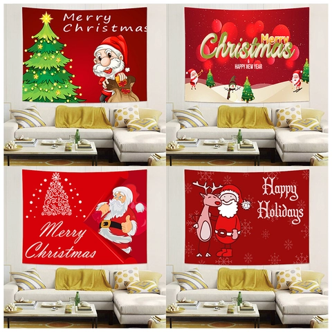Christmas Wall Tapestry Santa Claus Snowman Reindeer Polyester Fabric Hanging For Holiday Party Home Decor