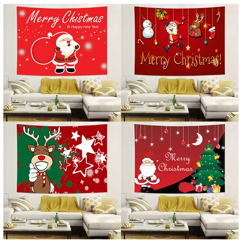 Christmas Wall Tapestry Santa Claus Snowman Reindeer Polyester Fabric Hanging For Holiday Party Home Decor