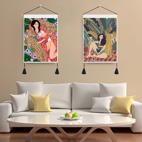 Bohemian Hanging Tapestry Leopard Girl Illustration Tropical Jungle Wall Art Decorative Scroll With Wood Rod And Tassels
