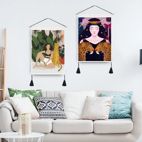 Bohemian Hanging Tapestry Leopard Girl Illustration Tropical Jungle Wall Art Decorative Scroll With Wood Rod And Tassels