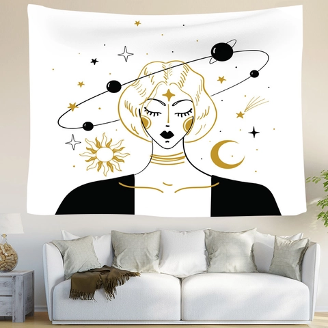 Tapisserie Murale Polyester Phases De Lune Célestes Soleil Étoile Fille Bohème Visage Ligne Art Esthétique Nordique Décor