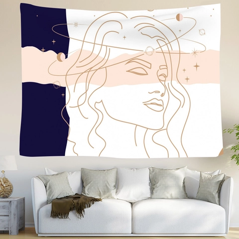 Tapisserie Murale Polyester Phases De Lune Célestes Soleil Étoile Fille Bohème Visage Ligne Art Esthétique Nordique Décor