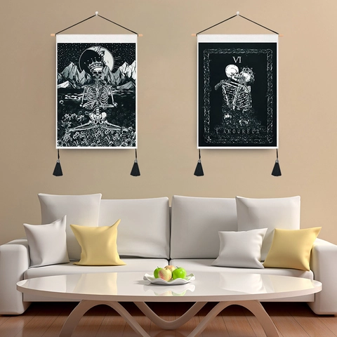Gotik Tarotkarte Skelett Wandteppich Wandbehang Polyester Baumwolle Dekorative Kunst Mit Holzstab Und Quasten Für Schlafzimmer