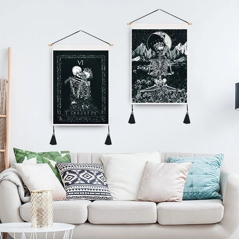 Gotik Tarotkarte Skelett Wandteppich Wandbehang Polyester Baumwolle Dekorative Kunst Mit Holzstab Und Quasten Für Schlafzimmer