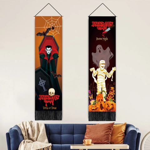 Halloween Hanging Tapestry Polyester Cotton Tassel Vertical Banner For Party Home Wall Decor Ghost Pumpkin Castle