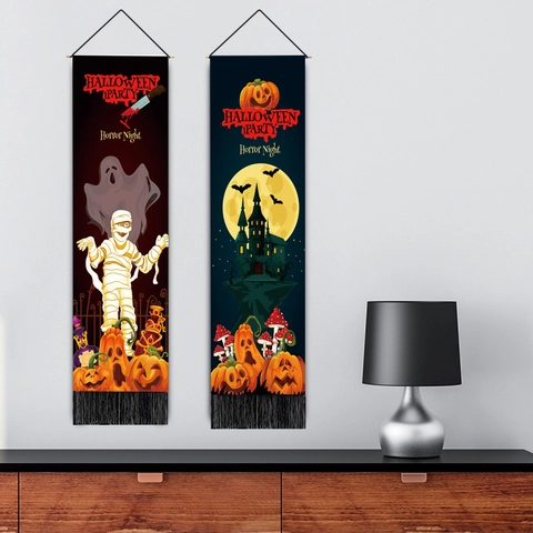 Halloween Hanging Tapestry Polyester Cotton Tassel Vertical Banner For Party Home Wall Decor Ghost Pumpkin Castle