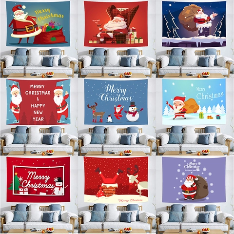 Arazzo Di Natale Appeso A Parete Poliestere Cartone Animato Babbo Natale Renna Decorazione Festiva Casa Sfondo