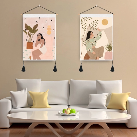 Tapiz de Pared de Polialgodón con Retrato Artístico de Niña con Varilla de Madera y Borlas Negras Estilo Nórdico Minimalista Boho