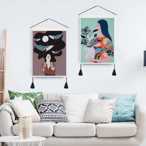 Tapiz de Pared de Polialgodón con Retrato Artístico de Niña con Varilla de Madera y Borlas Negras Estilo Nórdico Minimalista Boho