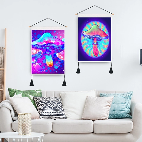 Psychedelic Mushroom Wall Hanging Tapestry Cotton Polyester Art Poster With Wood Rod Black Tassels Neon Galaxy Galaxy Home Decor For Bedroom Living Room