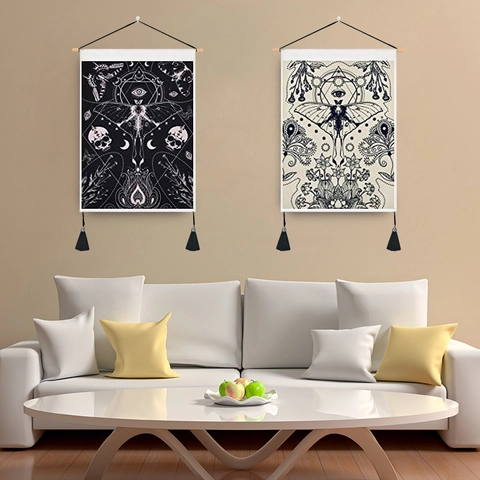 Tapiz De Pared Polilla Calavera Bohemio Místico Gótico Decoración Hogar Tela Con Varilla De Madera Y Borlas