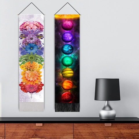 Bohemian Tassel Hanging Tapestry Chakra Mandala Floral Planet Wall Scroll Painting Cotton Blend Decor For Home Bedroom